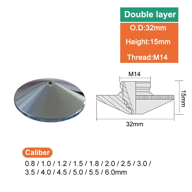 Průměr řezací hlavy vláknovým laserem 32 mm Plus CNC svařovací stroj Tryska Jednovrstvá a dvouvrstvá Průměr 0,8-6,0 Závit 14 mm
